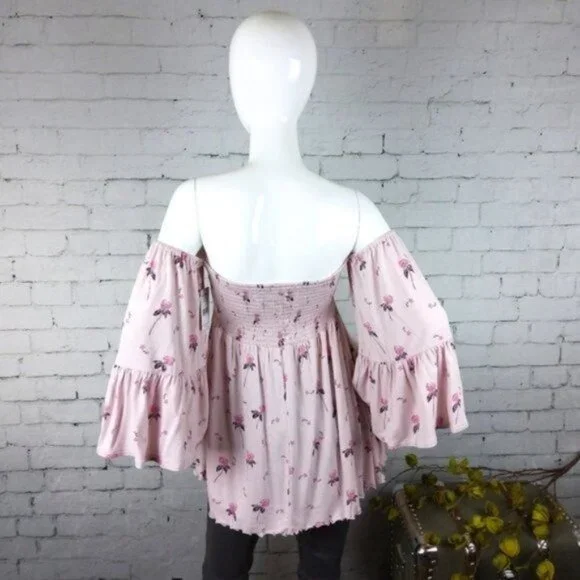 Free People Lana Off The Shoulder Smocked Top Pink - Picture 3 of 5